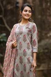 Women Cotton Grey Ethnic Motifs Printed Straight Kurta Trousers And Dupatta Set 1